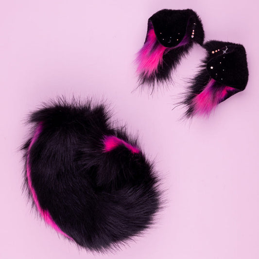 Black and Hot Pink Puppy Ears and Tail Set