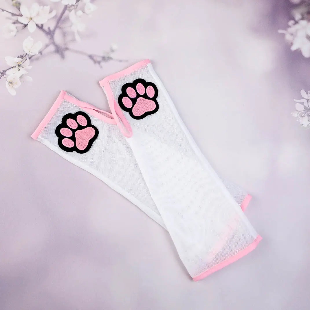 White and Pink Kitten Mitten Gloves