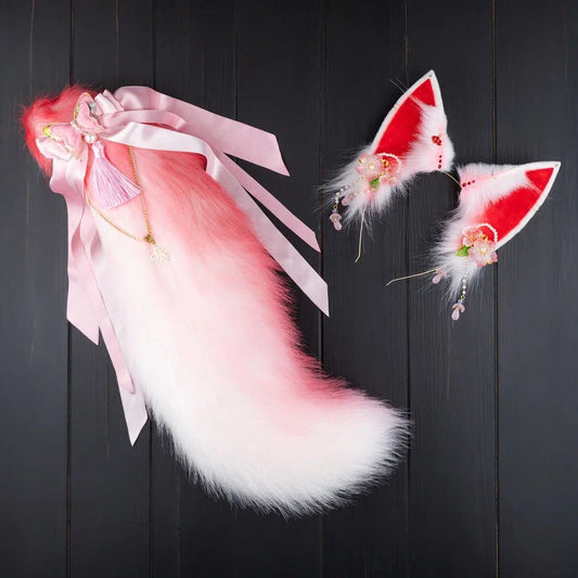 Red and Pink Kitsune Ears and Tail Set