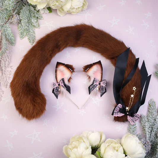 Brown Starry Cat Ears and Tail Set