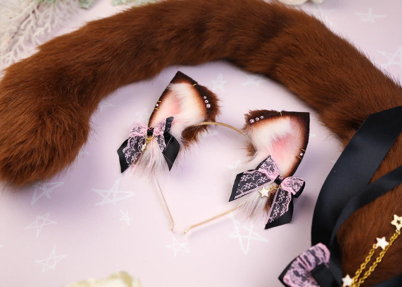 Brown Starry Cat Ears and Tail Set